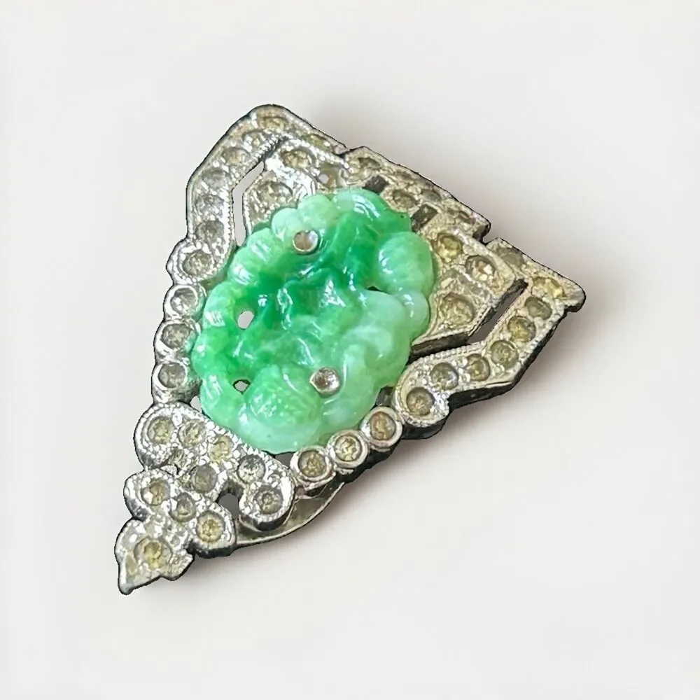 KTF Trifari Alfred Philippe 1930s Ming Series Faux Jade Pave Dress Clip Single